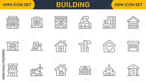 Set of outline icons related to buildings. Linear icon collection. Editable stroke. Vector illustration