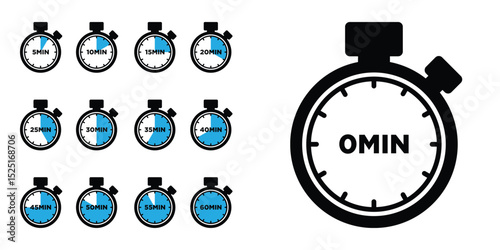 Timer Vector Set, Stopwatch Icons from 0 to 60 Minutes in 5-Minute Intervals.