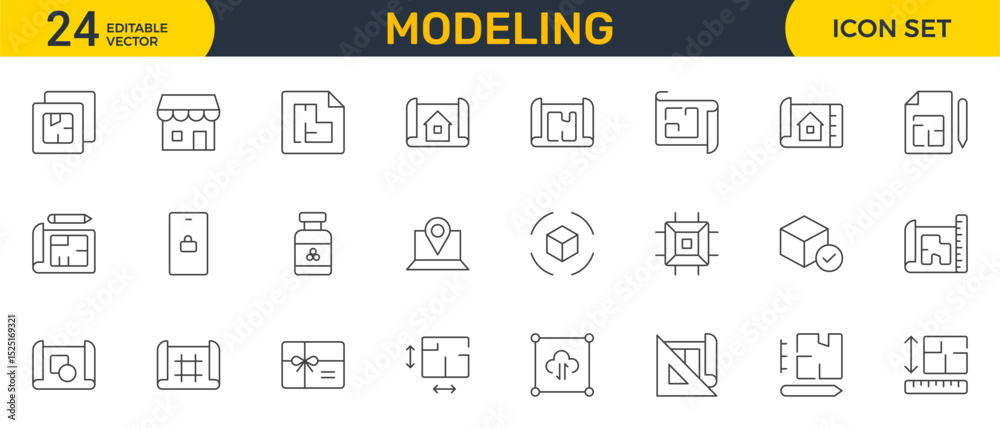 Fototapeta Set of Modeling outline icon set. Architectural planning icon collection. Planning, scheme, dimension, project, measurement, floor plan and more.