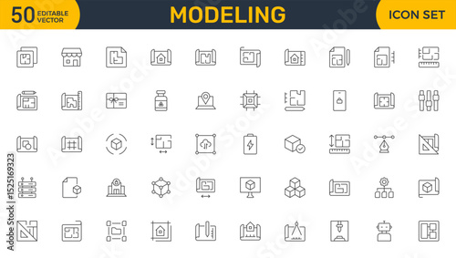 Set of Modeling outline icon set. Architectural planning icon collection. Planning, scheme, dimension, project, measurement, floor plan and more.