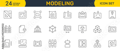 Set of Modeling outline icon set. Architectural planning icon collection. Planning, scheme, dimension, project, measurement, floor plan and more.