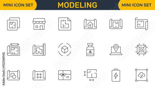 Set of Modeling outline icon set. Architectural planning icon collection. Planning, scheme, dimension, project, measurement, floor plan and more.