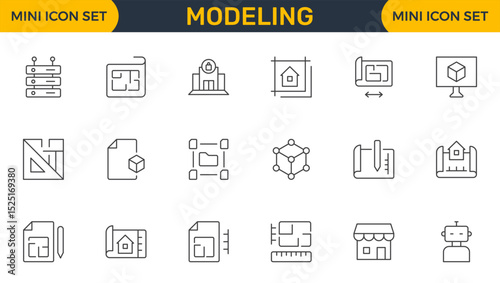 Set of Modeling outline icon set. Architectural planning icon collection. Planning, scheme, dimension, project, measurement, floor plan and more.