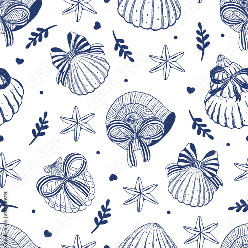 Seamless pattern coquette seashell and ribbon bow. Vector illustration.