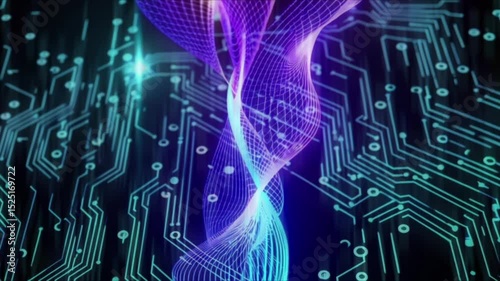A purple wavy data stream flows over a detailed teal circuit board background. Tech-inspired animation merging digital and organic forms. Perfect for technology, data, or futuristic themes