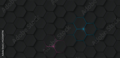 Abstract 3D black hexagonal pattern with a small pink and blue light glowing out from the back graphic illustration.