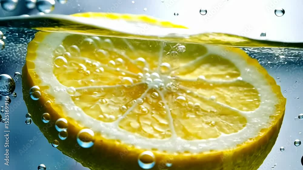 Fresh lemon slice submerged in sparkling water, surrounded by bubbles, showcasing vibrant yellow color and refreshing essence, perfect for culinary or beverage concepts. Generative 4k video.