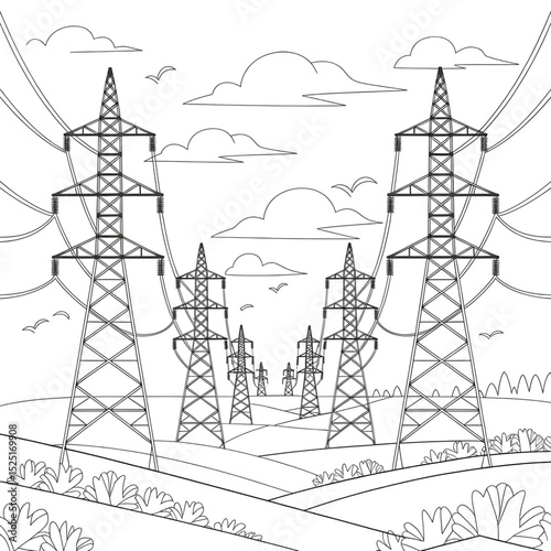 A black and white power towers illustration line art of a coloring page