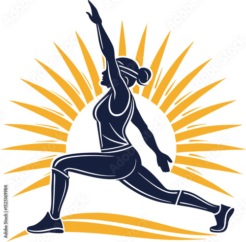 Woman in warrior pose sunrise fitness yoga exercise