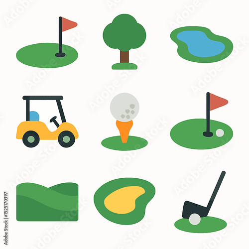 Golf course elements vector illustration featuring golf ball, cart, flag and green