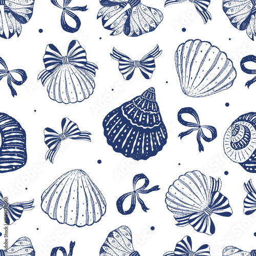Seamless pattern coquette seashell and ribbon bow. Vector illustration.