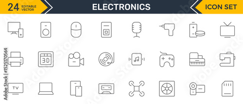Set of Electronics outline icons. Vector illustration include icon - hardware, keyboard, disk, hvac, kitchen appliances, headphones, router, chip, computer outline pictogram for home devices.