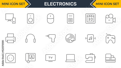 Set of Electronics outline icons. Vector illustration include icon - hardware, keyboard, disk, hvac, kitchen appliances, headphones, router, chip, computer outline pictogram for home devices.