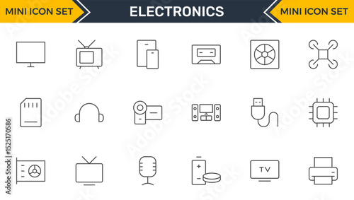 Set of Electronics outline icons. Vector illustration include icon - hardware, keyboard, disk, hvac, kitchen appliances, headphones, router, chip, computer outline pictogram for home devices.