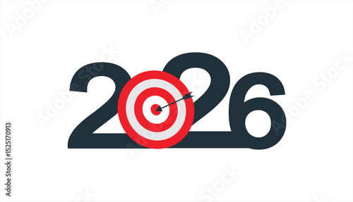 New Year 2026 Target concept. Greeting card and round target with arrow. New goals for next year and achieving success.