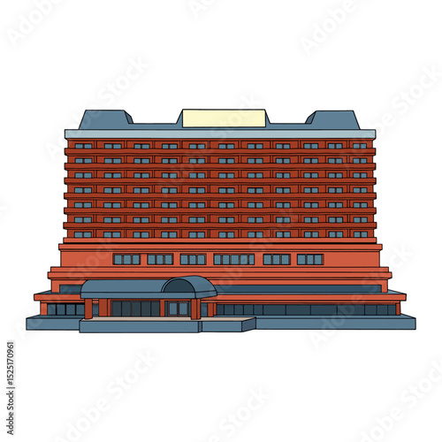 Vector Cartoon Large Brick Hotel Building with Canopy Entrance
