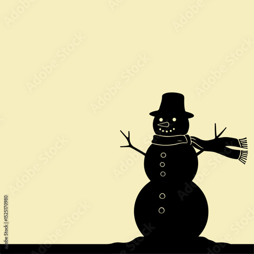 Simple snowman silhouette on pale yellow background. Festive winter snowman with hat and scarf. Charming winter design perfect for christmas cards and new year invitations.