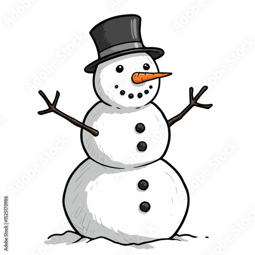 Cheerful snowman wearing top hat perfect for winter holiday cards. This charming snowman illustration features classic design elements: coal eyes, carrot nose, twig arms, and snow base.