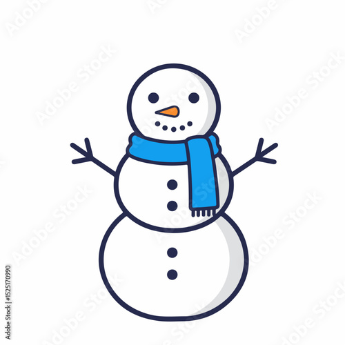 Happy snowman with blue scarf. Winter holiday snowman with coal eyes and carrot nose. Festive snowman illustration perfect for greeting cards and New Year or Christmas decorations.
