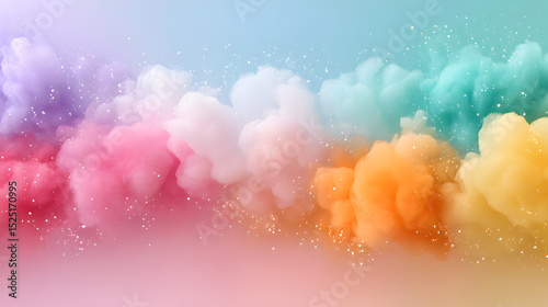 Colorful abstract smoke clouds in pastel shades of pink, blue, orange, and green create a dreamy atmosphere with soft textures and ethereal beauty. Selective focus