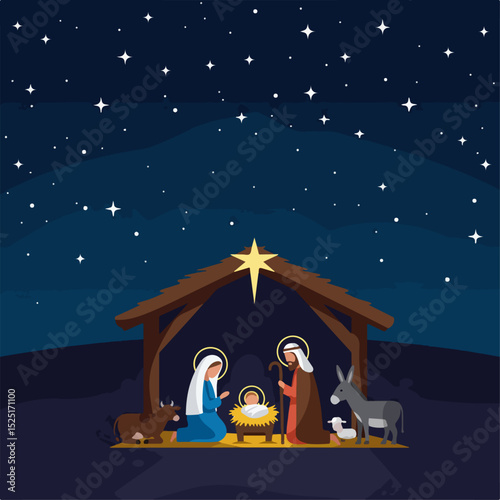 Nativity scene with Mary, Joseph, baby Jesus, and animals under starry night sky.  Holy family in manger with ox and donkey. Christmas nativity scene illustration perfect for holiday cards,