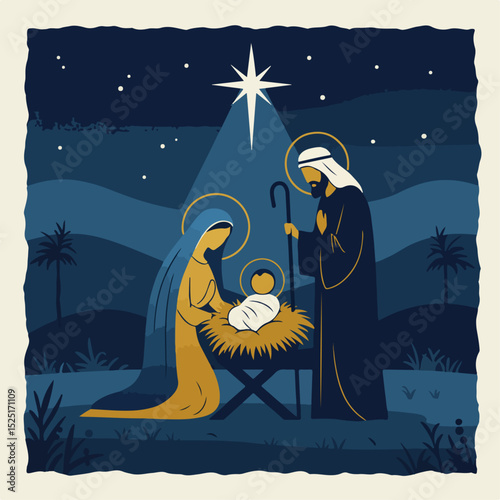 Nativity scene with Mary, Joseph, and baby Jesus in manger. Holy family depicted in traditional Christmas art style.
