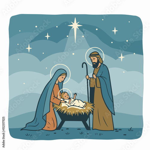 Nativity scene with holy family christmas illustration.  Peaceful christmas night scene depicts baby jesus in manger. Mary and joseph adore newborn jesus christmas eve.
