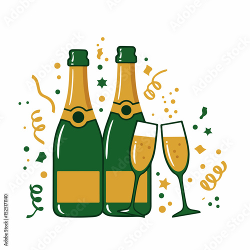 Festive champagne bottles with two glasses and confetti. Elegant champagne celebration includes green bottles and golden labels. Sparkling champagne for new year or christmas cards.