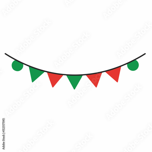 Festive garland with red and green triangular flags. Christmas bunting decoration includes alternating colors and circular ornaments.