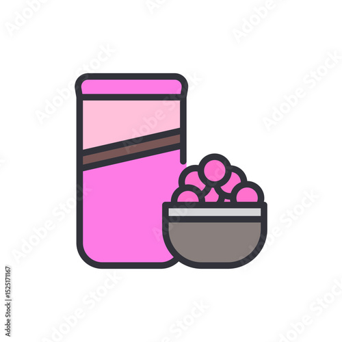 Pink Container And Bowl Of Round Sweets Representing Treats Concept