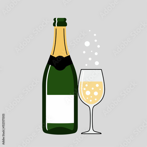 Sparkling champagne bottle and glass for New Year celebration. Festive champagne drink perfect for holiday toast. Elegant champagne graphic for New Year or Christmas greeting cards and invitations.