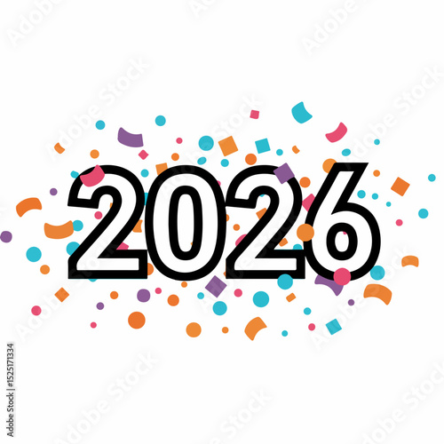 Festive 2026 new year design with colorful confetti. Happy new year celebration design with 2026 year digits and scattered colorful confetti.