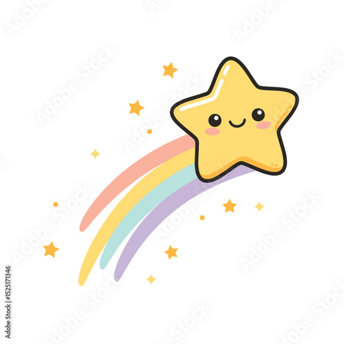 Kawaii Shooting Star with Rainbow Trail, Cute Cartoon Illustration