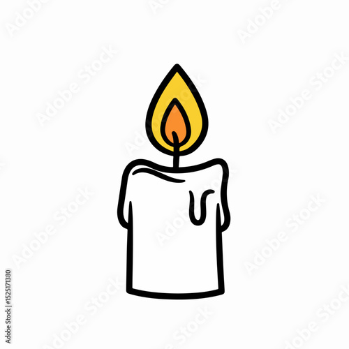 Lit candle with dripping wax, simple line art illustration.  Burning candle flame, bright yellow and orange color, cozy winter vibes.