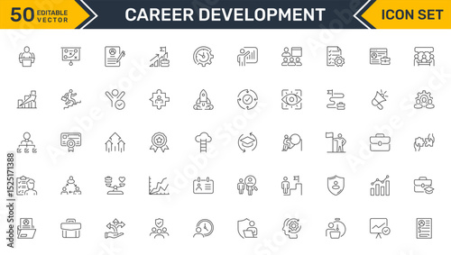 Set of outline icons related to career development. Linear icon collection. Editable stroke. Vector illustration