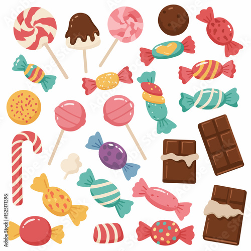 Delicious candies and lollipops assortment. Colorful sweets collection includes lollipops, chocolate bars, wrapped candies, and cookies.