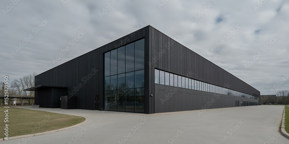 Fototapeta premium Modern office building exterior. Modern office building with black walls and concrete floor.