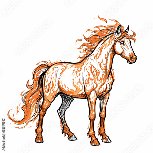 Fiery horse symbol of 2026 year.  Orange horse illustration with flames.  This fiery horse design is perfect for New Year or Christmas cards, festive posters, and seasonal invitations.