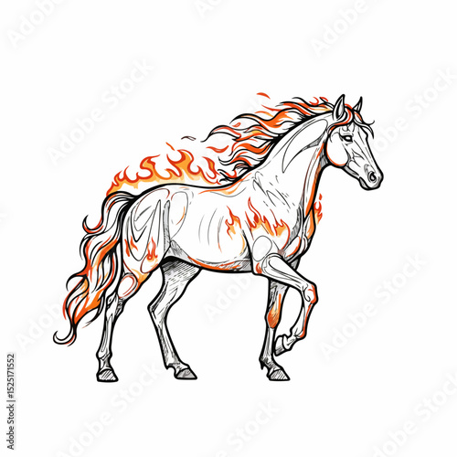 Fiery horse symbol of 2026 year.  Majestic equine creature engulfed in flames, mane and tail ablaze, perfect for New Year or Christmas cards and festive designs.