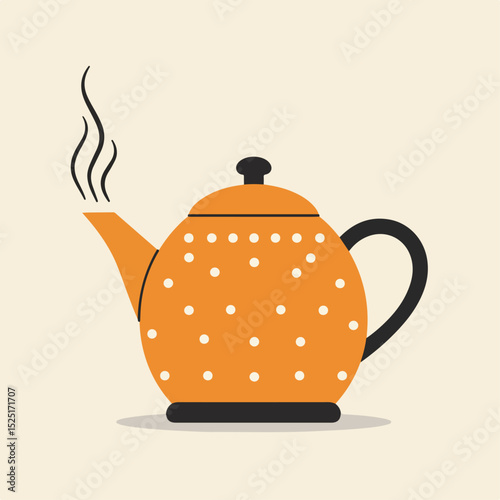 Orange teapot with white polka dots and steam. This charming teapot design is perfect for tea time.  Polka dot teapot image ideal for kitchenware advertisements or dental office decor.