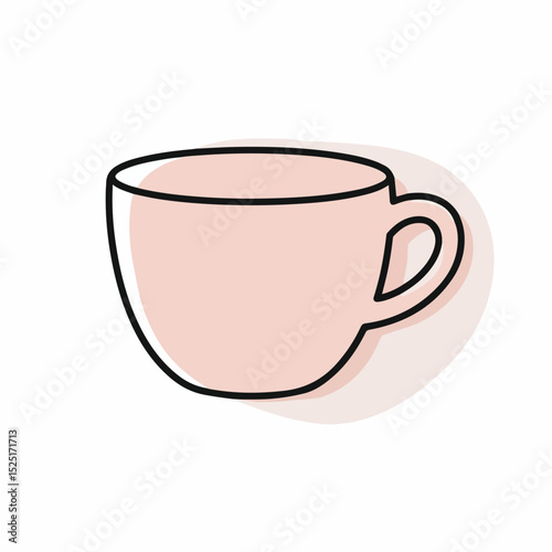 Simple pink teacup illustration.  Cute mug design with soft pink color and black outline.  This simple illustration is perfect for dentist office brochures or kitchenware advertising.