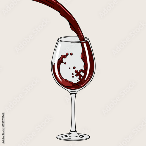 Red wine pouring into elegant glass. Rich red wine fills glass creating swirling effect.  Image perfect for wine list menu design, restaurant advertising or wine tasting event promotion.