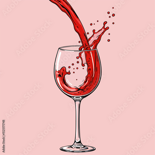 Red wine pouring into glass, creating splash and dynamic flow. Rich red wine fills elegant glass, showcasing vibrant color and texture. Image perfect for wine tasting event invitations,