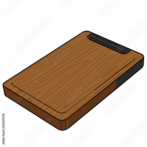 Brown wooden cutting board with black handle. Kitchen utensil made of natural wood ideal for chopping vegetables and meat.  High-quality cutting board perfect for professional chefs or home cooks.