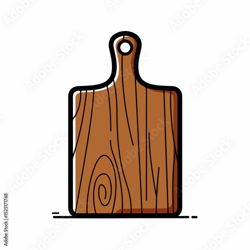 Brown wooden cutting board with grain texture and handle. Kitchen utensil for cooking and food preparation.  Simple illustration of rectangular chopping board,