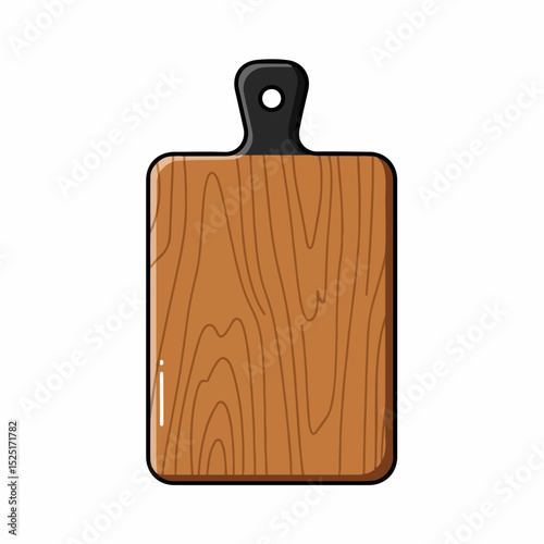 Wooden cutting board with black handle. Rectangular kitchen utensil made of light brown wood.  Simple design ideal for food preparation.