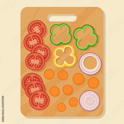 Sliced vegetables on wooden cutting board.  Chopped tomatoes, bell peppers, carrots, and onions are neatly arranged.  This image is perfect for culinary websites, restaurant menus,
