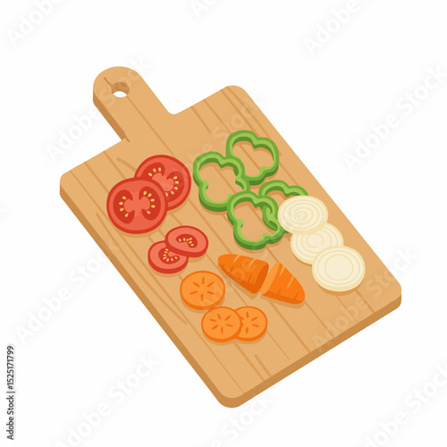Chopped vegetables on wooden cutting board. Sliced tomatoes, bell peppers, carrots, and onions are neatly arranged. Fresh ingredients ready for cooking or salad preparation.