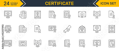 Set of outline icons related to certificate. Linear icon collection. Editable stroke. Vector illustration