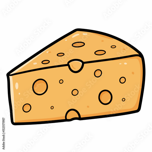 Cartoon cheese wedge illustration with holes. This playful cheese graphic features a detailed rendering of a cheese slice with characteristic holes.  Image perfect for children's books, packaging,